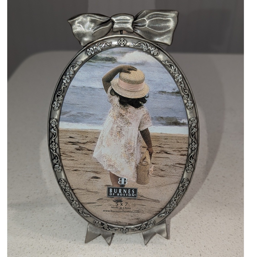 Burnes of Boston Picture Frame Silver Pewter Bow Oval 5x7